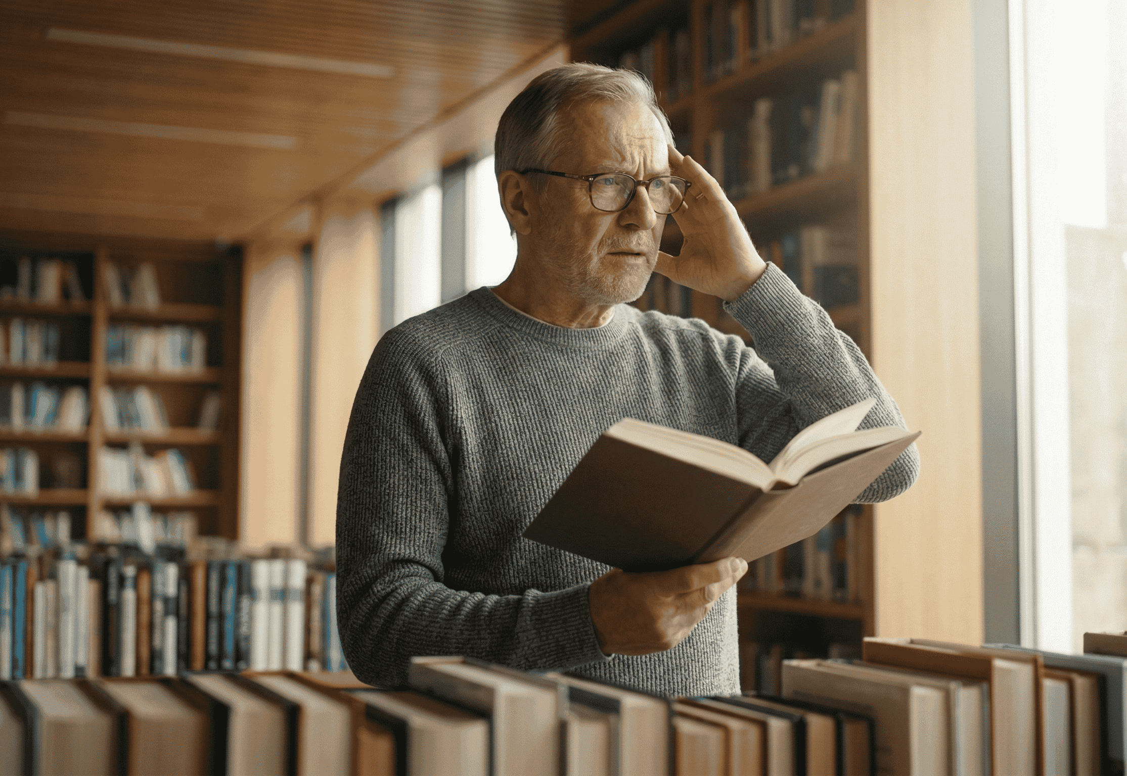 A person looking confused in a library