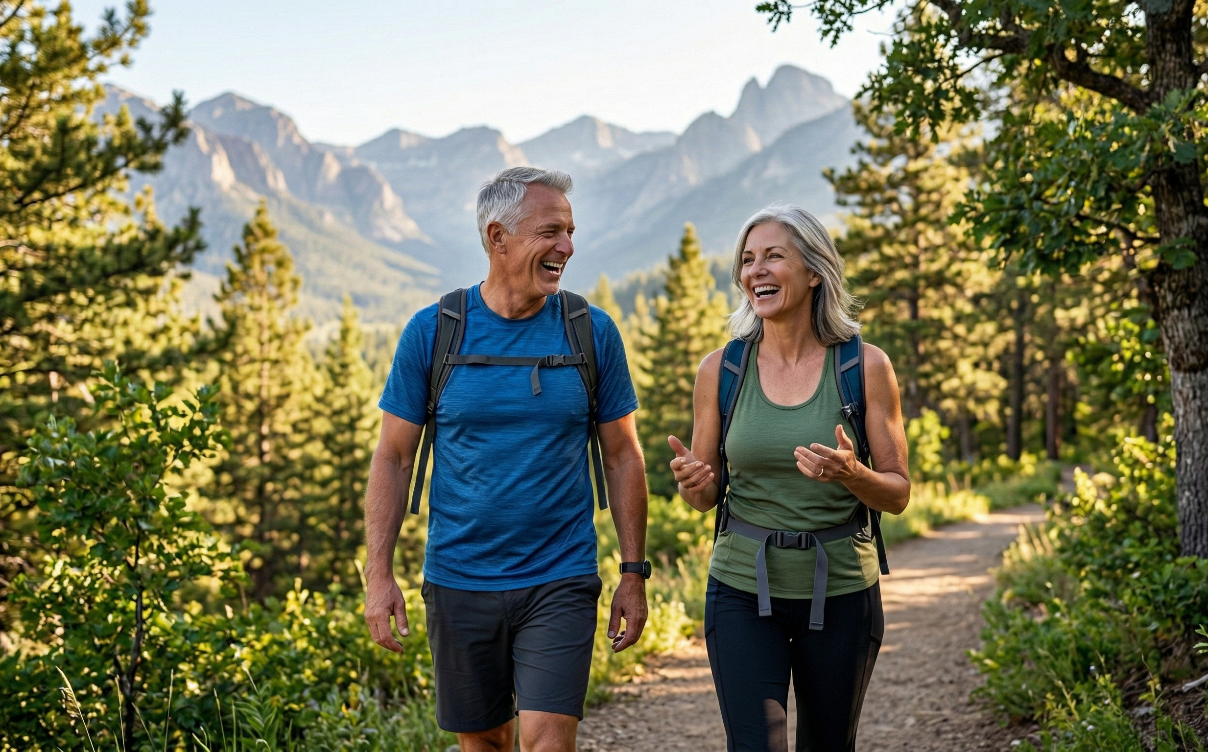 Happy elderly couple hiking